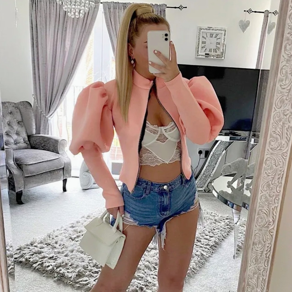 Beige Puff Sleeve Zip-Up Jacket